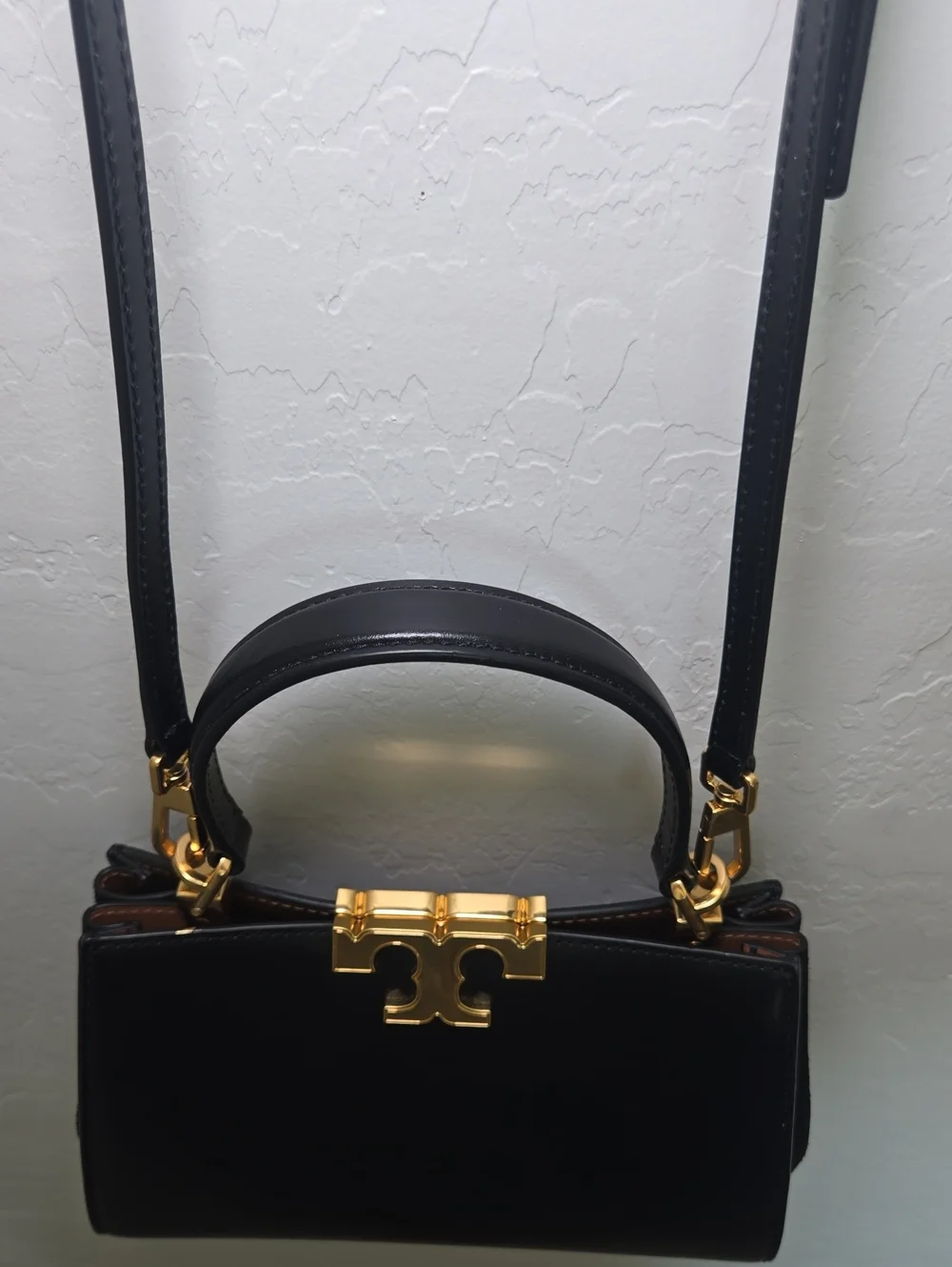 Tory Burch Mini Eleanor Satchel Bag Black Gold Toned Hardware Elegant Purse